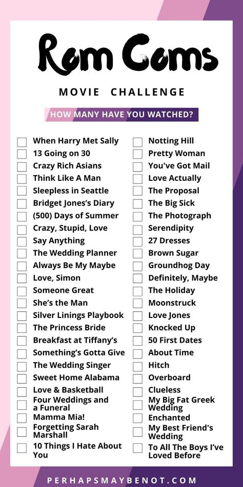 Best Rom Com Movies, Rom Com Movies List, Rom Com Aesthetic, Movie Night Outfit, Best Rom Coms, Movie Challenge, The Big Sick, Best Romantic Comedies, 50 First Dates