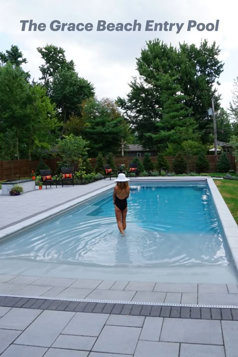 Zero Entry Pools, Gradual Pool Entry, Small Beach Entry Swimming Pools, Rectangle Pool With Beach Entry, Pool Zero Entry, Small Zero Entry Pool, Realistic Pool Ideas, Walk In Swimming Pools, Walk In Pool Ideas