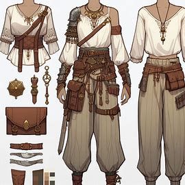 digital art style, casual armor warrior outfit design for a woman in dnd universe, loose pants, earthy colors, brass accessories, outfit design sheet - Image Creator from Microsoft Designer Medival Warrior Outfits, Earthy Fantasy Outfits, Dnd Cosplay Ideas, Dnd Oc Outfit, Winter Dnd Outfit, Fantasy Adventurer Outfit Drawing, Alchemist Outfit Design, Outfit Fantasy Design, Dnd Monk Outfit