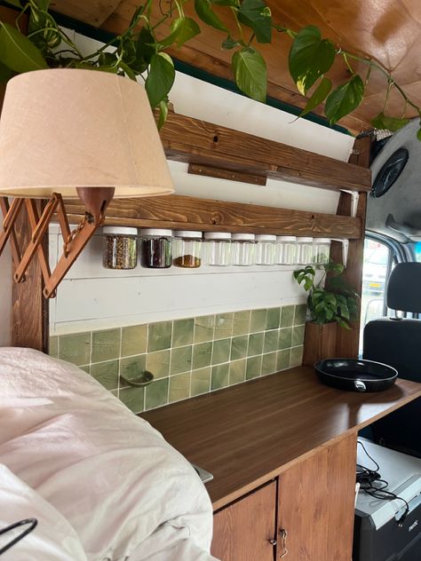 Campervan Backsplash, Sage Green Camper Van Interior, Campervan Green Interior, Camper Van Diy Ideas, Scandi Campervan Interior, Green Van Interior, Van Life Plants, Camper Van Kitchen Ideas, Camper Van Makeover