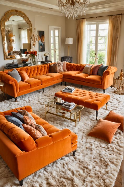 Living Room With Orange Sofa, Orange Maximalist Living Room, Orange Couch Living Room Decor, Orange Couch Aesthetic, Orange Sofa Design, Rust Couch Living Room Ideas, Orange Sofa Living Room, Orange Sofa Living Room Ideas, Orange Couch Living Room Ideas