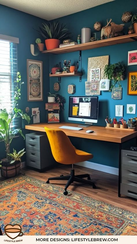 Home Office Nooks, Modern Aesthetic Office, Playful Home Office, Office Design Ideas Home, Bold Home Office Design, Gallery Wall In Office, Retro Home Office Ideas, Blue Wall Office Ideas, Bohemian Office Ideas