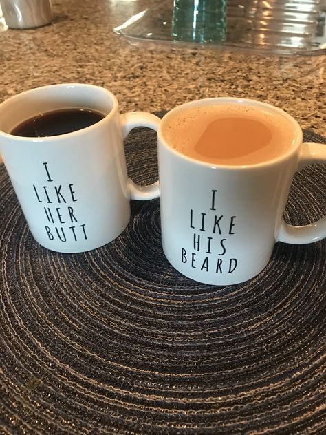 Matching Cups Couple, His And Her Cups, I Like His Beard I Like Her But, Matching Mugs For Couples, Gifts For A Couple, Newlyweds Gifts, Couple Cups, Breakfast For Two, Couple Coffee