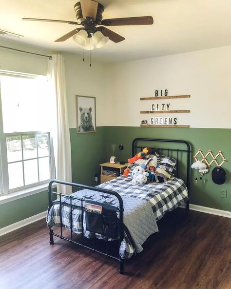 35 Gorgeous Green Bedrooms That Prove The Hue Is A Classic Toddler Green Bedroom, Hunter Green Boys Room, Boys Room Green Walls, Green Boy Bedroom, Boys Green Bedroom Ideas, Green Boys Bedroom, Boys Bedroom Green, Green Kids Rooms, Green Boys Room