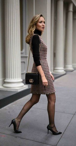 Work Attire, Houndstooth Dress, Sheer Tights, Stil Inspiration, Winter Outfits For Work, Professional Fashion, Black Women Fashion, Inspiration Mode, Casual Work