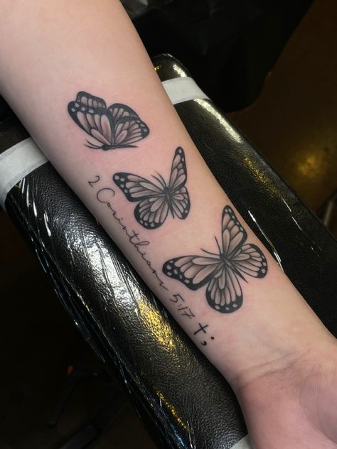 3 butterflies, 2 Corinthians 5:17, semi colon, cross (tattoo) <3 Tattoo With Bible Verse, Butterfly Thigh Tattoo, Colon Tattoo, Unique Butterfly Tattoos, Birthday Tattoo, Small Butterfly Tattoo, Semicolon Tattoo, Unique Butterfly, Small Pretty Tattoos