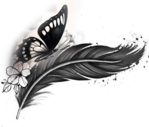 Feather Tattoo Designs For Women, Feather With Butterfly Tattoo Design, Feather Lower Back Tattoo, Coverup Butterfly Tattoo, Dark Butterfly Tattoo Coverup, Behind The Ear Cover Up Tattoo, Feather Butterfly Tattoo, Butterfly Coverup Tattoo, Feather Tattoo Cover Up