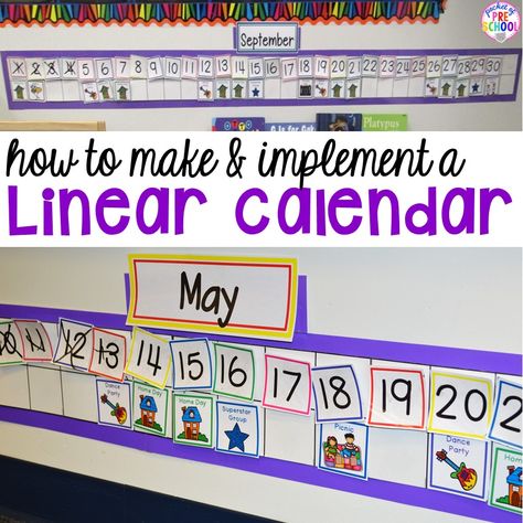 Organisation, Linear Calendar, Calendar Skills, Pocket Of Preschool, Preschool Calendar, Prek Classroom, Preschool Circle Time, Classroom Centers, Classroom Calendar