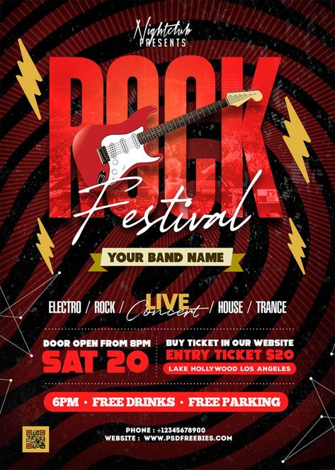 Rock Music Poster Design, Music Festival Flyer Design, Music Festival Poster Design Inspiration, Bar Flyer Design, Live Music Poster Design, Music Concert Poster Design, Red Poster Design, Music Event Poster Design, Festival Flyer Design