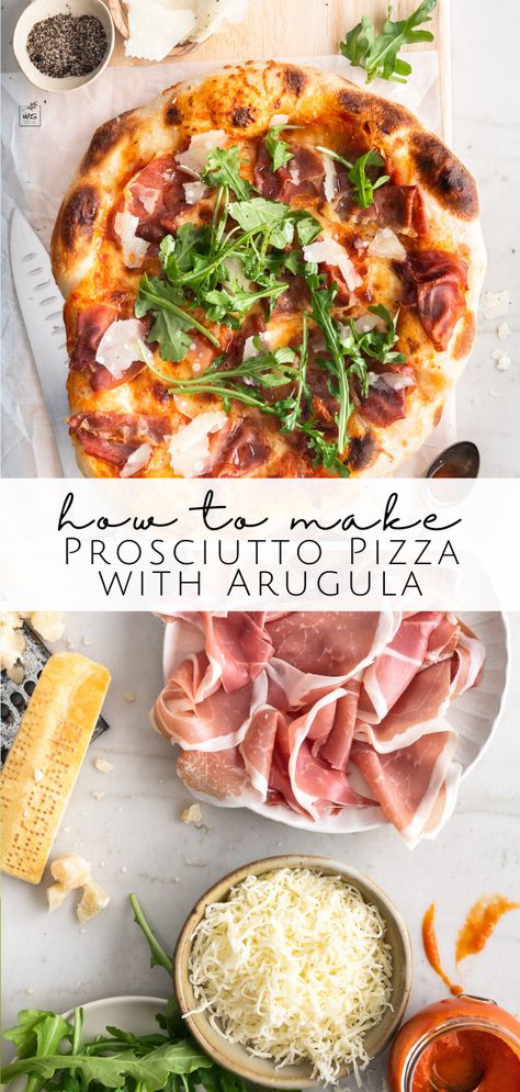 Prosciutto pizza is elegant, simple and super delicious. It’s filled with crispy shards of prosciutto, a fresh tomato sauce, hot honey and a peppery fresh bite of arugula. Sweet, salty, spicy toppings scattered over the very best pizza crust recipe– what more could you want? Italian Pizza Prosciutto, Pizza Topping Ideas Prosciutto, Pizza Arugula Prosciutto, Prosciutto Ricotta Pizza, Prosciutto Hot Honey Pizza, Arugula Proscuitto Pizza, Homemade Pizza With Prosciutto, Artisanal Pizza Recipes, Pizza With Prosciutto And Arugula