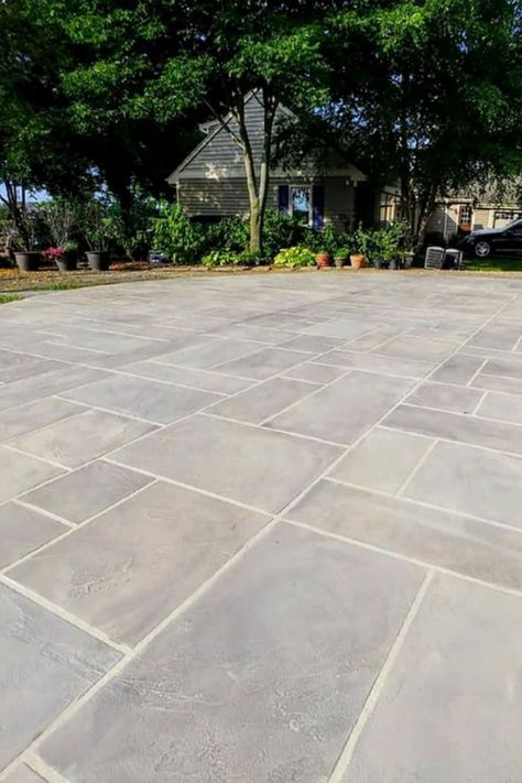 Concrete That Looks Like Tile, Bricks Over Concrete Patio, Courtyard Tiles Design, Paving Stone Patio Diy, How To Make Cement Patio Look Better, Large Stamped Concrete Patio, Palmas, Stamped Concrete Vs Paver Patio, Paver Concrete Patio