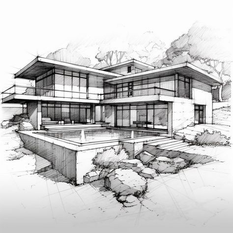 Arhitectura Drawing House, Two Point Perspective House, House Design Sketch, House Sketch Architecture, Interior Architecture Sketch, House Design Drawing, Sketch Architecture, Architectural Concepts, Architecture Design Presentation