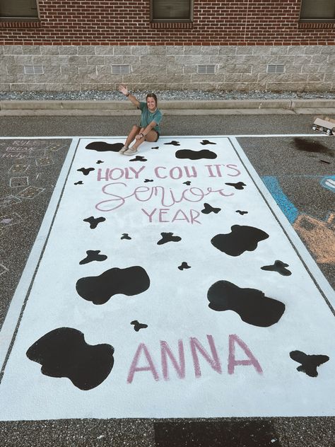 Cute Parking Spot Paintings Senior, Cheer Senior Parking Spot, Cow Print Senior Parking Spot, Parking Spot Painting Country, Cow Senior Parking Spot, Senior Parking Spaces Country, Senior Parking Space Ideas Country, Parking Spot Ideas High School, Senior Brick Painting Ideas