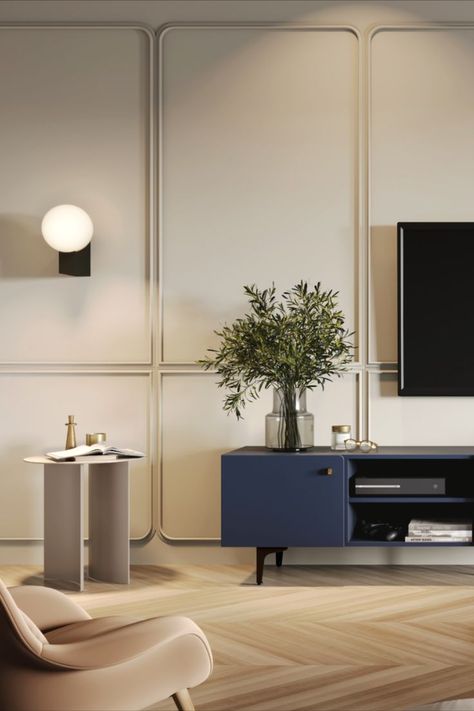 Our large Tv Stand wrapped in a navy blue veneer, combined with gold handles and black accessories - base and glossy panels between doors - will make a spectacular effect in your living room. The frame perches on slender iron legs, which lend an airy, floating feel. The clean corner arches on selected fronts are like a signature that emphasizes the unique character of this piece. Empty Wall Ideas Living Room, Tv Wall Wood Panel, Tv Wall Wood, Empty Wall Ideas, Room Tv Wall Design, Living Room Tv Wall Ideas, Living Room Tv Stands, Room Tv Wall Ideas, Wall Wood Panel