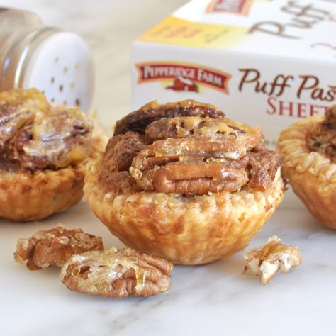 Puff Pastry Pecan Mini Tarts Topped with Caramelized Pecan Halves Recipe.  Make your holidays sweeter with these mini pecan pies Deliciously small and perfectly unshareable! Puff Pastry Mini Tarts, Pecan Puff Pastry Recipes, Puff Pastry Pecan Bites, Puff Pastry Pecan Pie, Pecan Pie Puff Pastry, Puff Pastry Pecan Pie Bites, Pecan Puff Pastry, Mini Tarts Recipe, Fall Pastries