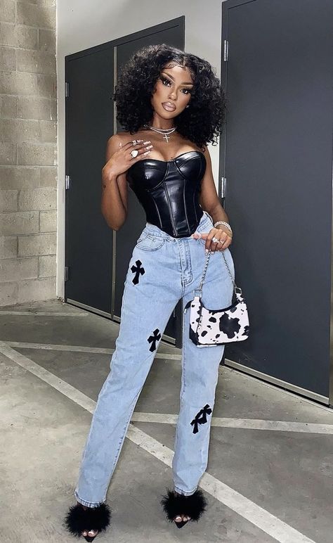 Corset Sneakers Outfit, Blue Denim And Black Outfit, Corset With Jeans Outfits Heels, Corset Top And Skirt Outfit Black Women, Black Leather Corset Top Outfit, Corset Birthday Outfit Black Women, Lace Top Outfit Black Women, Shirt With Corset Outfit, Jeans And Heels Outfit Black Women