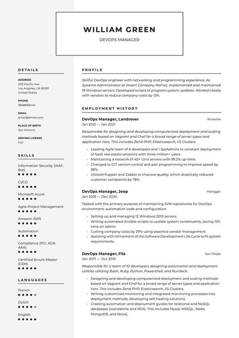 Modern DevOps Manager Resume Example Medical Receptionist, Sales Resume Examples, Cv Inspiration, Selling Skills, Sales Resume, Network Engineer, Writing Guide, Manager Resume, Free Medical