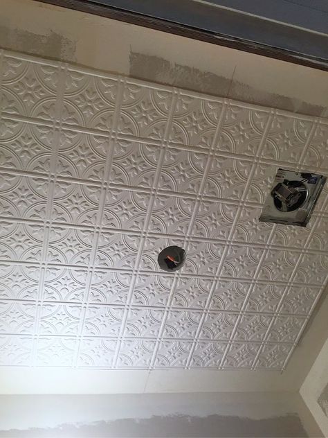 Ceiling Tile Replacement Ideas, Vinyl Ceiling Tiles, Ceiling Ideas For Bathroom, Ceiling Tin Tiles Ideas, Tin Ceiling Bathroom, Peel And Stick Ceiling Tiles, Tin Ceiling Tiles Kitchen, Cottage Ceilings, Kitchen Ceiling Tile