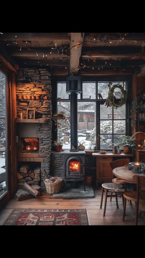 Wood Stove Design Ideas Living Rooms, Dark Cottage In The Woods, Witch Cabin Aesthetic, Witchy Cabin Interior, Witchy Tiny House, Wood Stove In Kitchen, Small Cabin Interiors Rustic Simple, Witchy Cabin, Old Cabin Interior