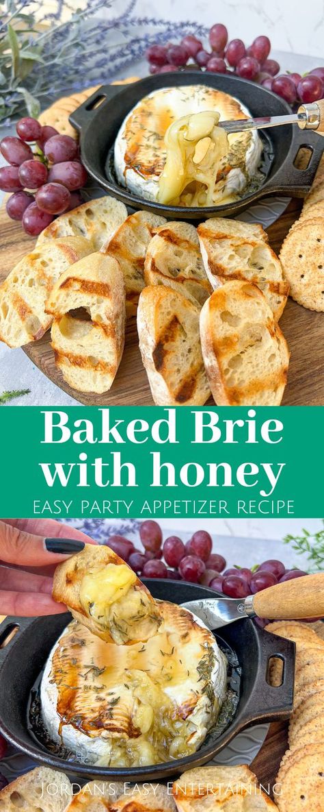 This baked brie with honey recipe is one of those easy party appetizers full of ooey gooey cheesy goodness, topped with sweet drizzly golden honey and just a touch of savory flavor. Essen, Brie Cheese And Honey, Baked Cheese Recipes Appetizers, Whipped Brie And Honey, Spring Brie Appetizer, Bre Appetizers, Brie Cheese With Honey, Baked Brie Charcuterie Board Ideas, Brie Honey Recipes