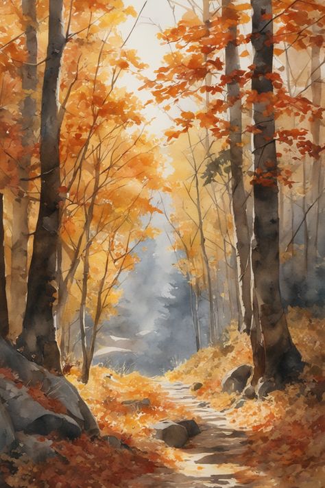 Autumn Forest Watercolor, Fall Forest Watercolor, Autumn Forest Drawing, Autumn Landscape Drawing, Autumn Watercolor Landscapes, Autumn Watercolor Paintings, Autumn Trees Painting, Autumn Forest Painting, Nature Abstract Art