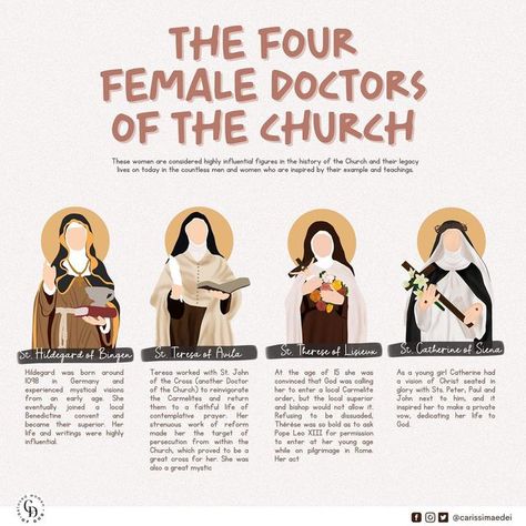 Carissimae Dei on Instagram: "The Four Female Doctors of the Church These women stand strong among the most influential saints in the Church's 2,000-year history. Beginning in the 13th century, popes began pointing out specific saints who were exemplary teachers in various theological or spiritual topics. These holy men and women were given the official title of “Doctor,” which stems from the Latin root word docere, meaning “to teach.” The list is relatively small compared to the number of sa Female Saints Catholic, Female Saints, Catholic Orders, Catholic Theology, Traditional Catholicism, Catholic Beliefs, Catholic Education, Catholic Bible, Catholic Women