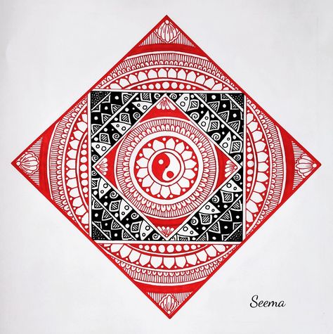 Red Pen Art, Red Mandala Art, Red And Black Mandala, Square Mandala, Mandala Sketch, Mandala Doodle, Easy Mandala Drawing, Mandala Art Therapy, Mandala Stencils