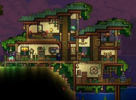 Terraria Jungle Base, Terraria Roof Design, Terraria Hallow House, Terraria Town Ideas, Terraria Pylons Ideas, Npc House Terraria, Boku Boku Game House Ideas, Terraria Aesthetic, Terraria Storage Room