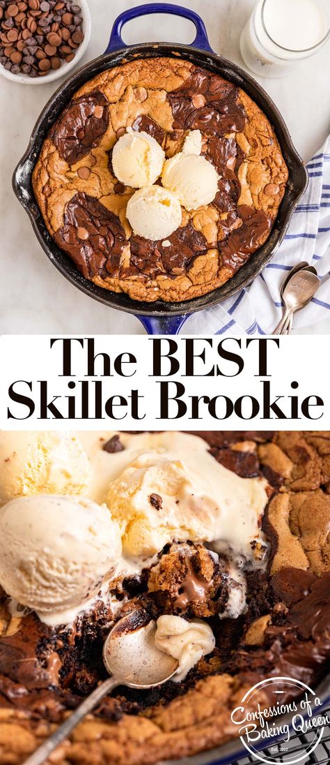 Essen, Brownie Cookie Skillet, Skillet Brookie, Skillet Brownie Recipe, Chewy Brownies Recipe, Classic Brownies Recipe, Skillet Cookie Recipe, Skillet Desserts, Brookies Recipe