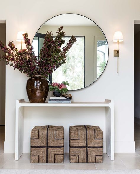 Pure Salt Interiors on Instagram: “An entryway mirror is a must! We love our large Avett mirror for its shape and its size—rounded angles and refracted light give this…” Fall Entryway Decor, Pure Salt Interiors, White Console Table, Large Round Mirror, Console Table Styling, Pure Salt, Fall Entryway, Entryway Mirror, Modern Entryway