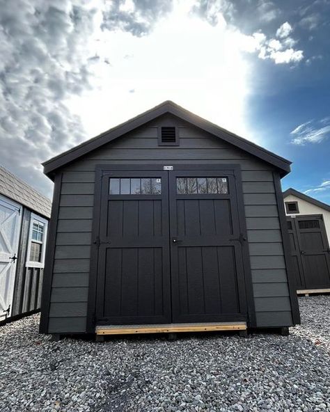 Brads Barns & Gazebos on Instagram: "IN STOCK! 10x16 A-frame. Burnished slate LAP siding with black trim and black shingle roof. $8,530-claim it today! 🎉" Dark Grey Shed, Black Shed House, Siding With Black Trim, Grey Shed, Black Shed, Pool Shed, Shingle Roof, Lap Siding, Shed Colours