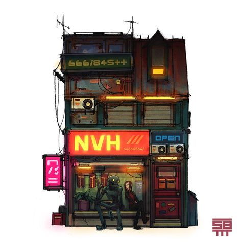 Cyberpunk House, Cyberpunk Building, Serge Birault, Sci Fi Building, Post Apo, Building Inspiration, Anime City, Building Illustration, Building Concept