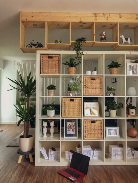 21+ Easy Junk Room Storage Ideas That Will Transform Your Space - From Lemons To Luxury Open Concept Storage Ideas, Small Place Storage Ideas, Shelf Storage Ideas Organizing, Ikea Cubes Ideas, Cube Storage Ideas Living Room, Room Divider Plants, Small Living Room Storage Ideas, Studio Storage Ideas, Storage Shelf Ideas