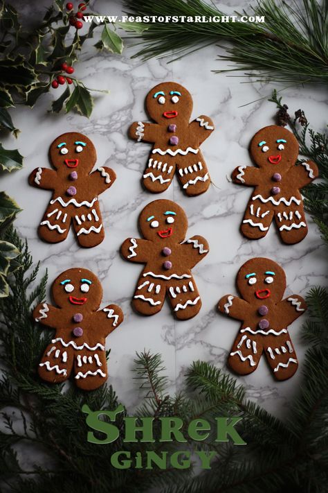 Gingy, The Gingerbread Man, from the movie, Shrek. Shrek Decorated Cookies, Shrek Gingerbread Man, Gingerbread Man From Shrek, Gingerbread Cookies Shrek, Muffin Man Shrek, Swamp Party, Gingerbread Man Recipe, Gingerbread Man Cookies, Bday Party Theme