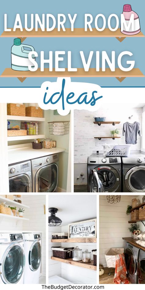 Laundry room shelves are an important, functional part of your laundry room decor. You want them to look good, help you stay organized, and of course store all your laundry supplies. These ideas all fit the bill. save this pin for your laundry room renovation project! Bookshelf In Laundry Room, Laundry Room Shelves And Cabinets, Laundry Room Wall Shelf, Laundry Shelves Organization, Laundry Room Storage Closet Ideas, Small Laundry Room Storage Ideas Shelves, Shelves Laundry Room, Wood Shelves Laundry Room, Wooden Laundry Shelves