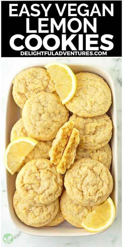 Indulge in these easy vegan lemon cookies—soft, chewy, sweet, and tangy, bursting with fresh lemon flavor, they're simply irresistible! They're quick to whip up, ready in under 30 minutes, and easily adaptable to a gluten-free version if necessary. Perfect for snacking or tucked into lunch boxes, these delectable lemon treats are perfect to add to your vegan baking list! Lemon Cookies Vegan, Vegan Lemon Desserts Easy, Vegan Single Serve Cookie, No Bake Vegan Cookies, Vegan Cookies Recipes Easy, Lemon Recipes Vegan, Vegan Cookies Easy, Healthy Lemon Desserts, Vegan Lemon Desserts