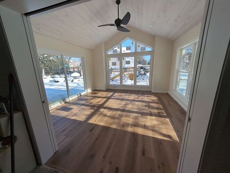 Finished! This 4 season room addition is now complete, look how much sunlight comes in through the MASSIVE windows! Step Down Room Addition, 4 Season Room Windows, 3 Season Room With Fireplace, Cozy Four Seasons Room, Florida Room Addition, Dinning Room Addition, Adding Sunroom To Back Of House, Great Room Addition Off Back Of House, Homeschool Sunroom