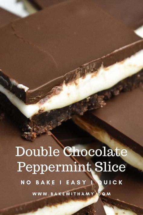 Your classic Australian peppermint slice made with a chocolate base instead of graham crackers. Very quick and easy to make, in under 15 minutes! Tastes very similar to After Dinner Mints. Peppermint Slice, Mint Slice, Graham Cookies, After Dinner Mints, Australian Food, Chocolate Topping, Double Chocolate, Chocolate Peppermint, Baking Tins