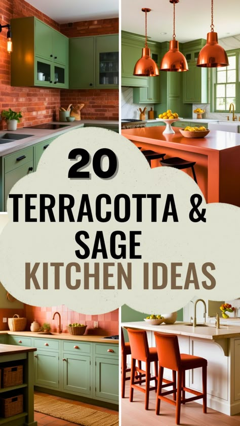 20 Stunning Terracotta and Sage Green Kitchen Ideas for a Warm and Inviting Space - Style Zuri Sage Kitchen Walls, Sage Green Kitchen Colour Scheme, Kitchen With Green Walls, Orange And Green Kitchen, Terracotta Dining Room, Terracotta Kitchen Walls, Terra Cotta Kitchen, Sage Green Kitchen Walls, Sage Green Kitchen Ideas