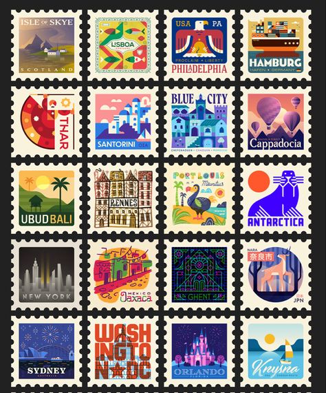 Post Stamps Design, Travel Design Ideas, Post Stamp Design, Stamps Illustration, Stamp Graphic, Stamp Illustration, Beauty Salon Business Cards, Postage Stamp Design, طابع بريدي