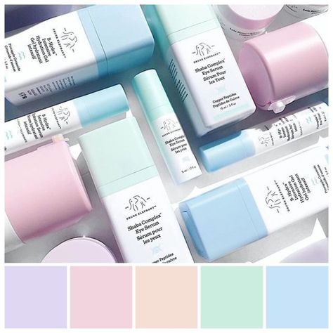 Drunk Elephant Skincare branding and packaging design. Drunk Elephant is the fastest-growing skin care brand in Sephora's history with 600% year on year growth according to The Independent UK, 10 September 2018. The brand’s packaging colours vary from soft, clean pastels to high chroma colours. Drunk Elephant branding and packaging colour palette by Zena O’Connor using an image from Drunk Elephant Instagram. Pastel, Elephant Skincare, Drunk Elephant Skincare, Speculative Design, Skincare Branding, Skincare Packaging, Beauty Products Photography, Brand Color Palette, Skin Care Brands