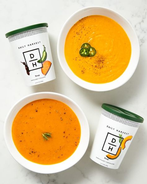 Some days, all you want is a delicious homemade soup, bowl, or smoothie — without having to cook anything. Thanks to Daily Harvest, now you can enjoy healthy meals for breakfast, lunch & dinner without going to the grocery store. Their brand-new puréed soups like Sweet Potato + Miso Purée & Butternut Squash + Rosemary Purée are packed with farm-fresh vegetables and superfoods & they’ll deliver them straight to your door. New customers can save $25 off their first box with promo code KITCHN. #ad Puréed Soups, Healthy Food Brand, Healthy Meals For Breakfast, Soup Puree, Frozen Soup, Soup Packaging, Harvest Bowls, Harvest Soup, Meals For Breakfast