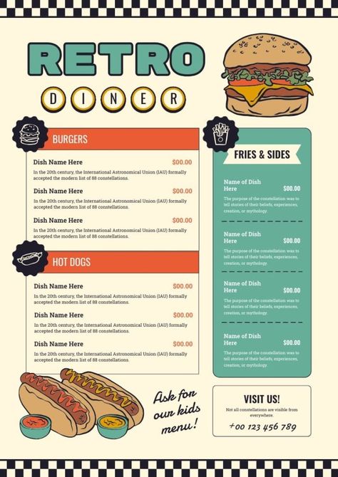 Hand-drawn Retro Burger & Hot Dog Diner Menu Hot Dog Menu Design, Hot Dog Restaurant Design, Retro Burger, Burger Hot Dog, Hot Dog Restaurants, Diner Menu, Burger Menu, Menu Layout, Menu Template