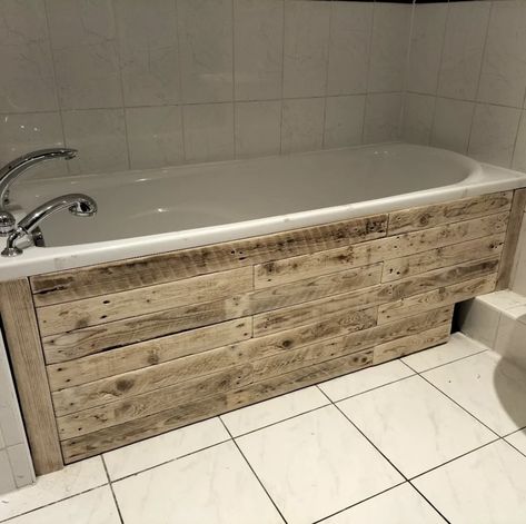 Upgrade Your Bath With These 15 DIY Bath Panel Ideas 5 Shiplap Bathtub Skirt, Bathtub Side Panels, Bath Tub Skirt Ideas, Bathroom Ideas With Garden Tub, Tub Skirt Ideas Diy Master Bath, Rustic Tub Surround Ideas, Bathtub Skirt Diy Wood, Wooden Bathtub Surround, Wood Panel Bathtub