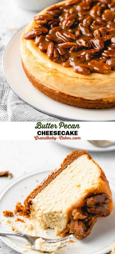 Cheesecake Recipes Bourbon, Butter Pecan Pie Cheesecake, Browned Butter Pecan Cheesecake, Butter Pecan Topping, Butter Pecan Cheesecake Bars, Salted Caramel Pecan Cheesecake, Brown Butter Pecan Cheesecake, Thanksgiving Recipes Dessert Cheesecake, Specialty Cheesecake Recipes