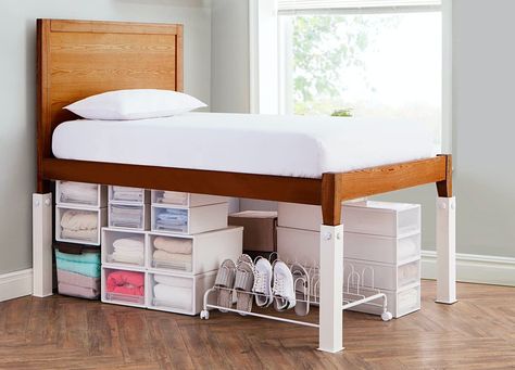 The 10 Best Bed Risers of 2022 - PureWow Bed Frames Twin Size, Lifted Bed Ideas, Bed Raisers Ideas, Raised Dorm Bed Ideas, Dorm Bed Storage, Under Dorm Bed Storage, Bed Risers Diy, Bed Risers Ideas, Bed Riser