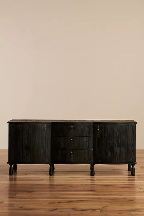 Amber Lewis for Anthropologie Media Console | AnthroLiving Black Media Console, Amber Lewis For Anthropologie, Open Display Shelf, Dining Room Console, Console Table Decorating, Amber Lewis, Solid Wood Sideboard, Black Sideboard, Favorite Paint Colors