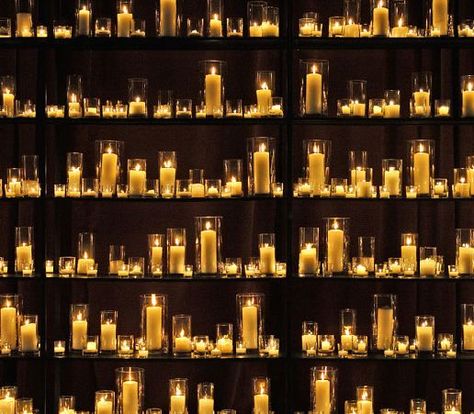 find a wall with shelves and fill it with candles Candles On Shelves, Candle Seating Chart, Candles Shelves, Wedding Candle Wall, Candle Wall Wedding, Candle Shelves, Candle Backdrop, Candle Theme, David Stark