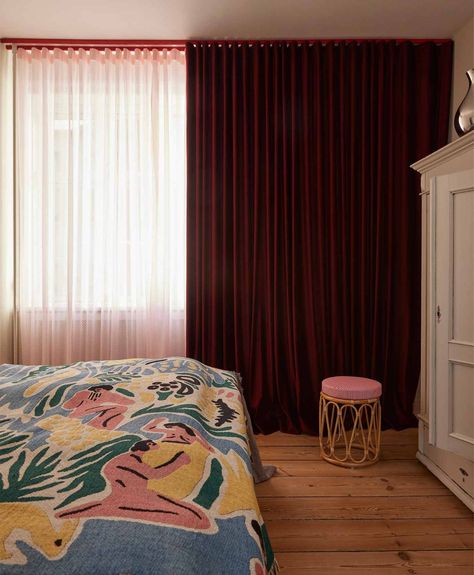 The Colourful Home of Bettina Færgeman | Stilling Red Curtains Bedroom, Red Velvet Curtains, Curtain Tracks, Four Rooms, Curtain Track, Red Curtains, Velvet Curtains, Beautiful Apartments, Colorful Curtains