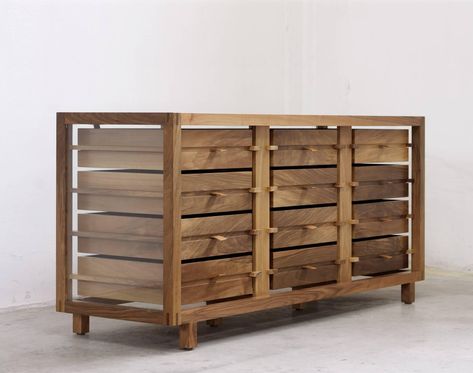 "Optimum" Glass and Walnut Chest of 12 Drawers by Stephane Lebrun for Dessie' For Sale at 1stDibs Deep Wooden Cabinet, Laminatedplywood Furniture, Indoor Wood Storage Credenza, Stripped Walnut Furniture, Wood Cabinets For Sale, 9 Drawer Dresser Wood Top, 2 Sided Dresser, Brian Hubel Furniture, Colnisl Furniture Makers